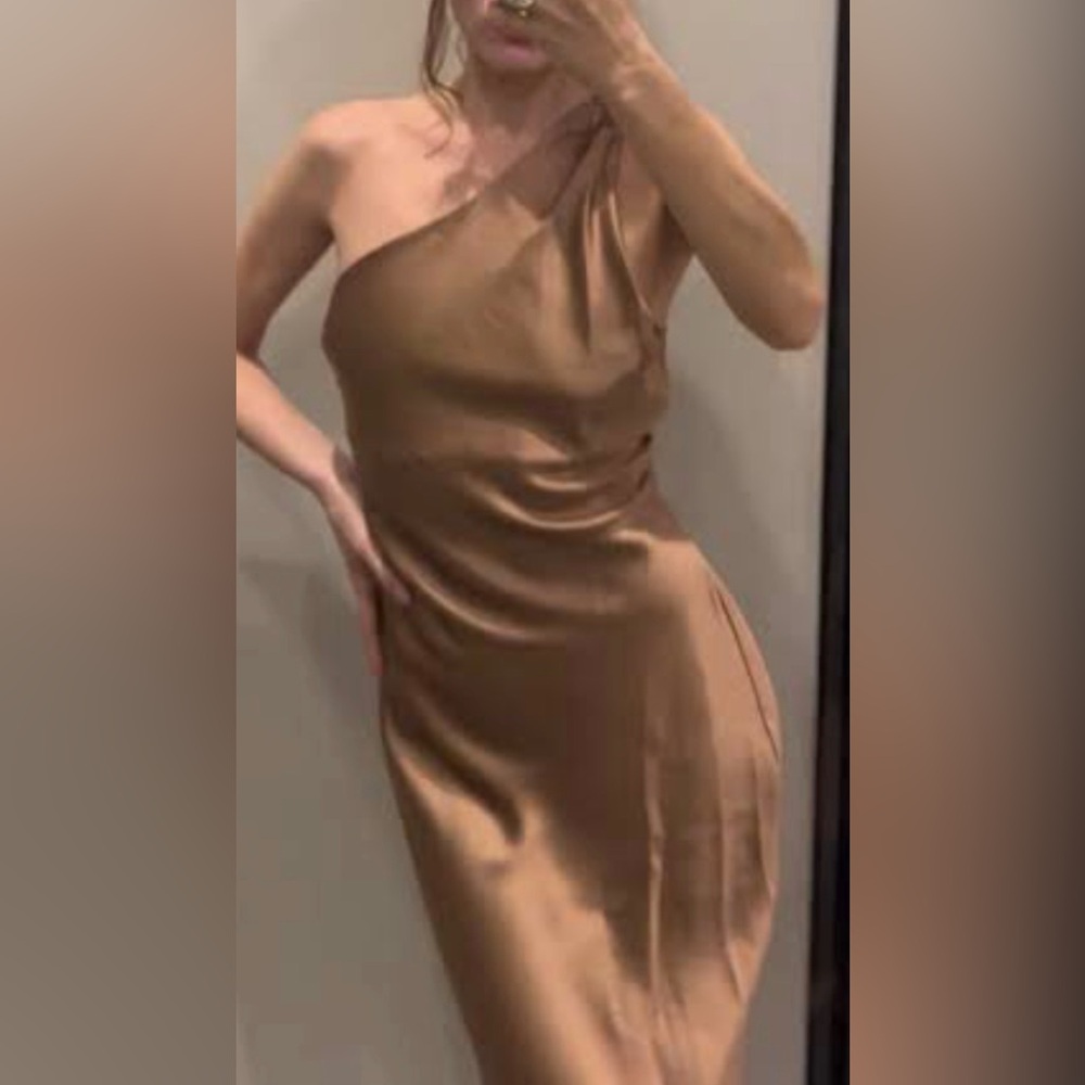 Zara One-Shoulder Satin Midi Dress in Bronze